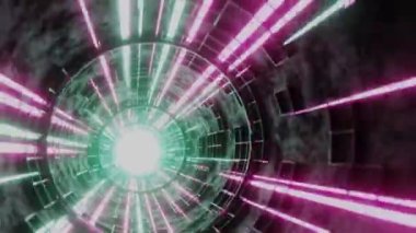  Bilim kurgu tüpü. Fütürist bilgi teknolojisi. Sinirsel dijital sinyal. Pembe ve yeşil ışık. 3d oluşturma.