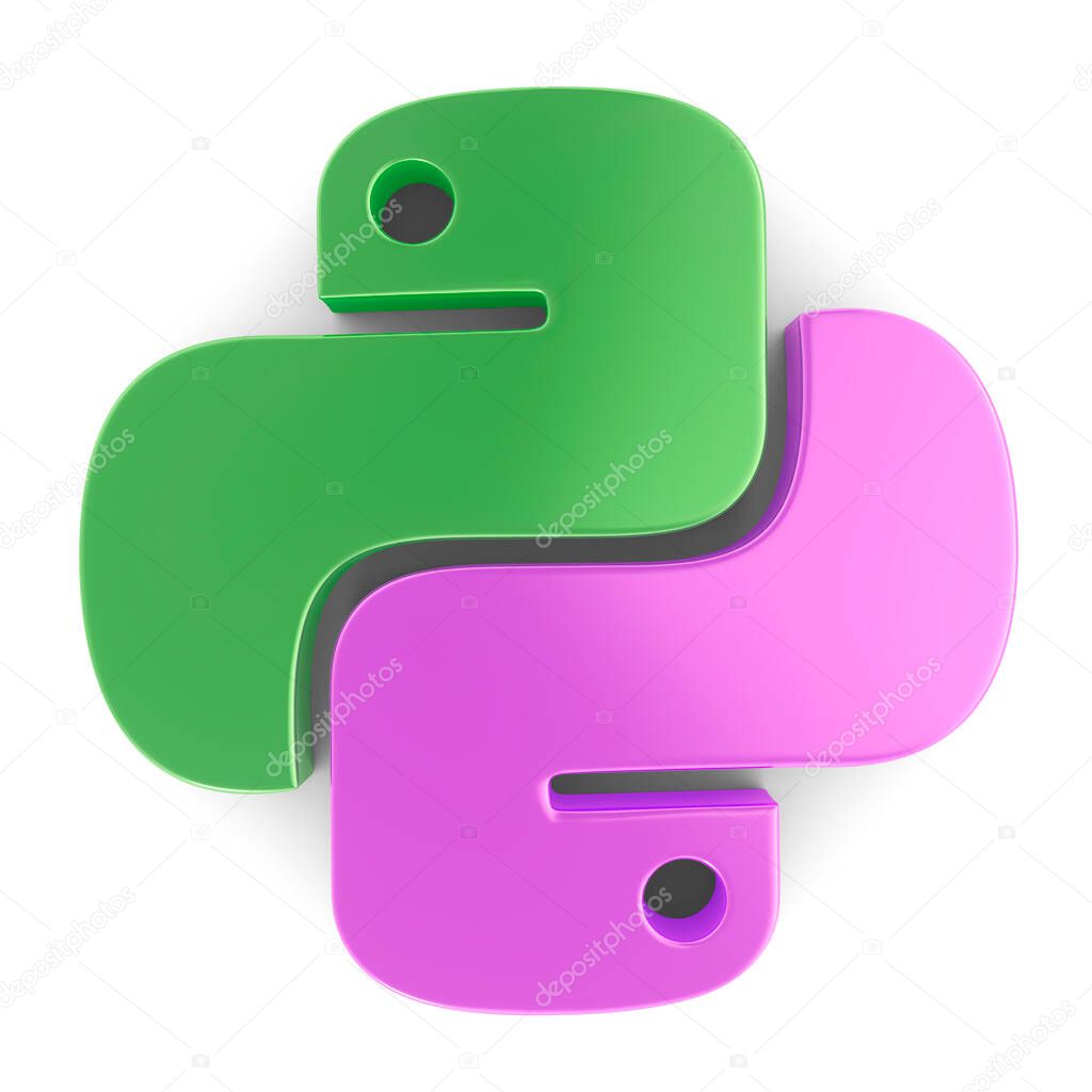 Python symbol on white background. Green and pink materials. 3d rendering.