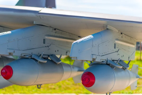 Two bombs on military aviation bomber closeup — Stock Photo, Image