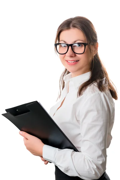 Beautiful businesswoman in a white shirt and glasses holding fol — Stock Photo, Image