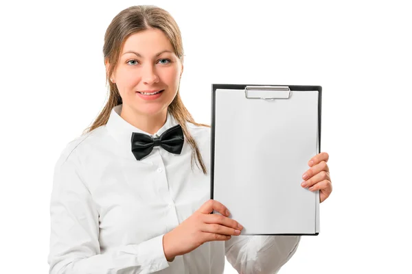 Beautiful waitress with a notepad isolated on white background — Stock Photo, Image