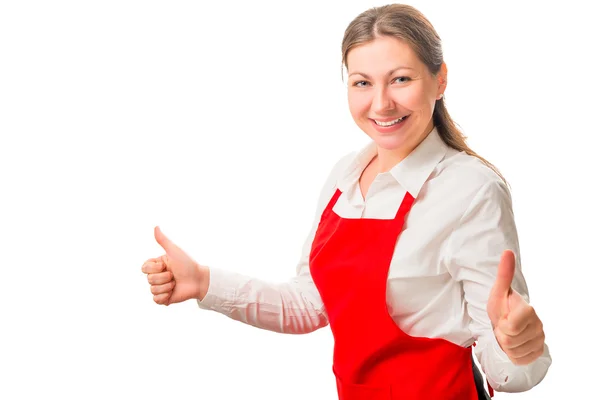Mulher feliz em um avental vermelho está satisfeito — Fotografia de Stock