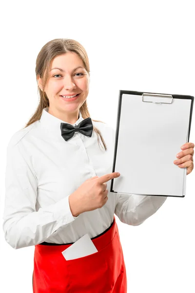 Waitress in a shirt and bow tie holding a folder with a clean sh — Stock Photo, Image