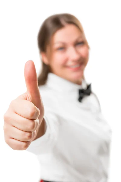 Girl on a white background shows a hand gesture of satisfaction — Stock Photo, Image