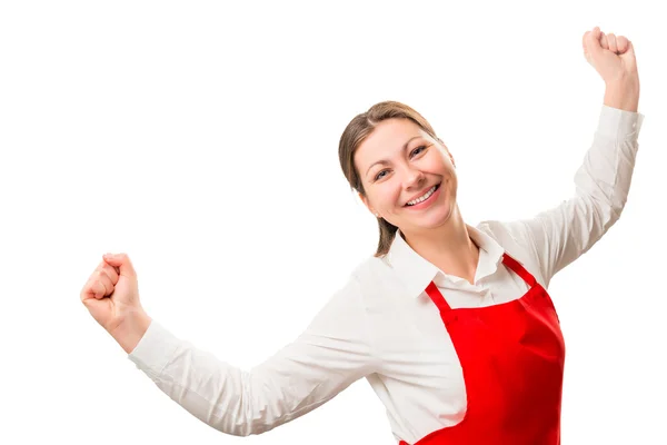 Successful a housewife in red apron rejoices in isolation — Stock Photo, Image