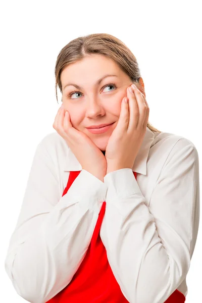 Portret van doordachte mooi meisje in de rode schort, geïsoleerd — Stockfoto