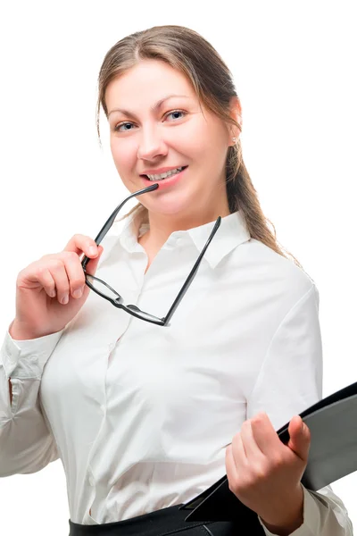 Vertical portrait of a secretary in white shirt and glasses — Stock Photo, Image