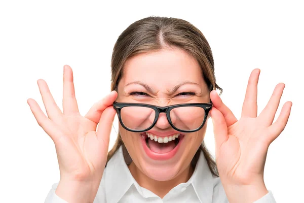 Čelí ječící úřednice nosit brýle izolované closeup — Stock fotografie