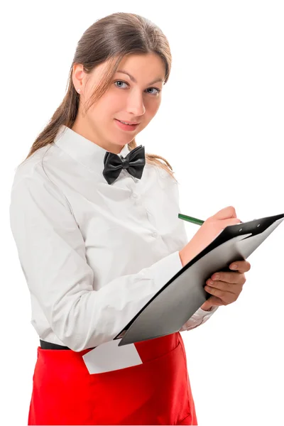 Waitress in red apron receives order isolated picture — Stock Photo, Image