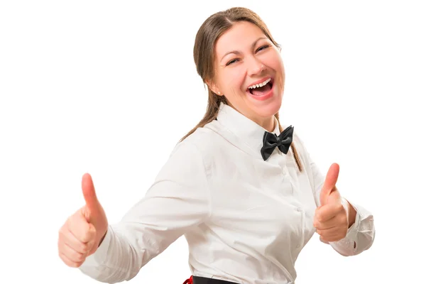 Емоційний портрет щасливої дівчини в костюмі офіціантка — стокове фото
