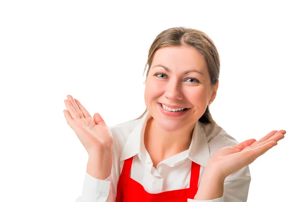 Retrato de una linda chica alegre en delantal rojo, aislado — Foto de Stock