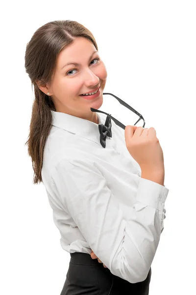 Mooie en succesvolle vrouw poseren op een witte achtergrond — Stockfoto