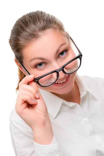 Secretaria juguetona con gafas sobre un fondo blanco —  Fotos de Stock