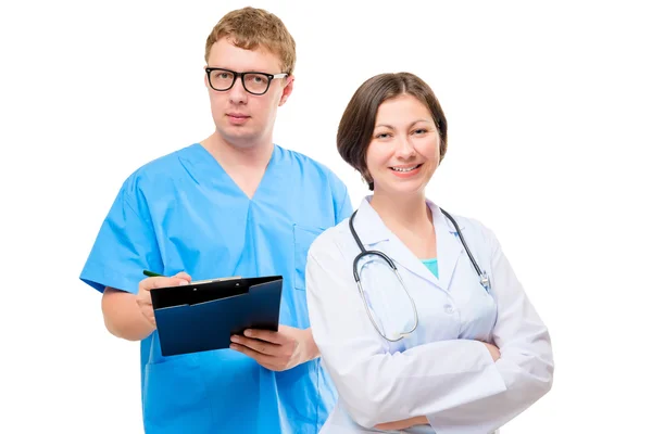 Physician and surgeon companions portrait on white background — Stock Photo, Image