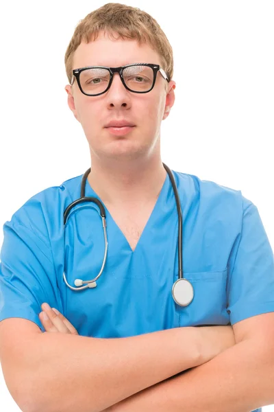 Retrato vertical do médico em uma roupa de trabalho azul e gl — Fotografia de Stock