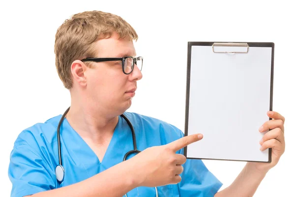 Doctor pointing at the empty space where you can place your insc — Stockfoto