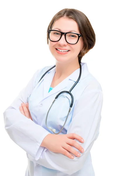 Vertical portrait of a young successful doctor on a white backgr — Stock Photo, Image
