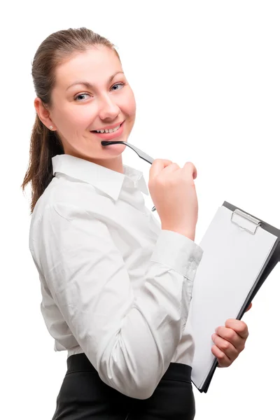 Portret van een mooie vrouw in office kleding op een witte backg — Stockfoto