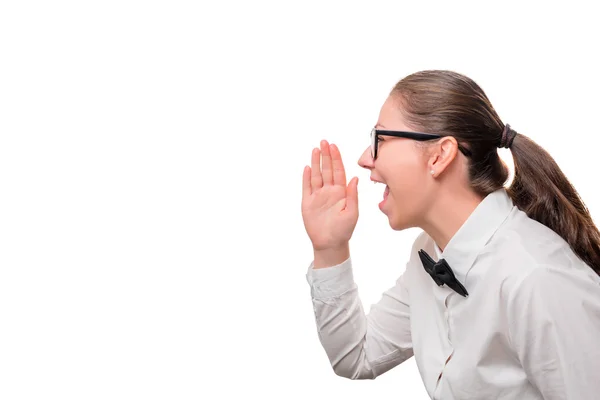 Mujer de negocios gritando sobre un fondo blanco, a la izquierda un pla —  Fotos de Stock