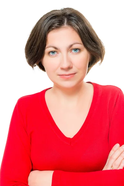 Portret van een prachtige brunette in een rode trui vertrouwen en — Stockfoto