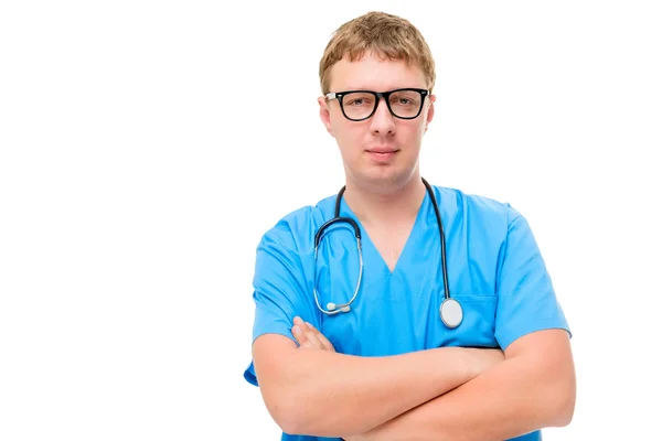 Retrato de un médico exitoso con gafas sobre un fondo blanco —  Fotos de Stock