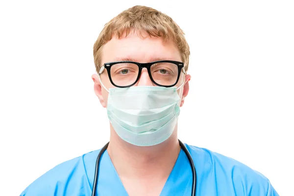 Retrato horizontal del médico de en un primer plano máscara protectora es —  Fotos de Stock