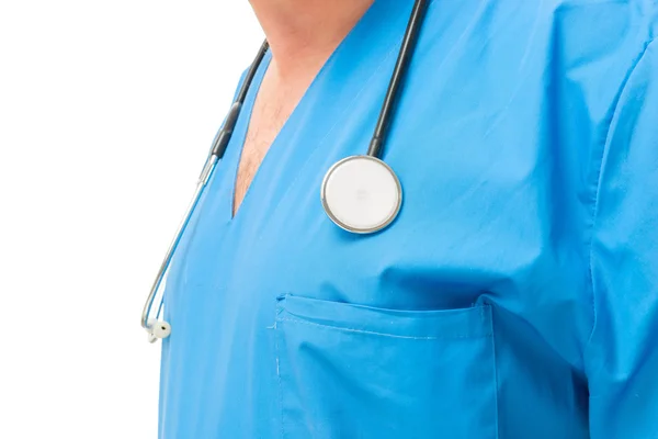 Closeup stethoscoop op de borst therapeut op een witte achtergrond — Stockfoto