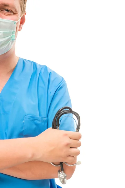 Doctor in a mask with stethoscope the frame half — Stock Photo, Image