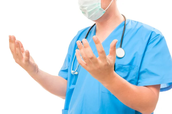Sterile Hände des Chirurgen, die sich auf eine Operation vorbereiten, isoliert auf weiß — Stockfoto