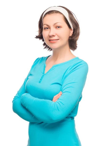 Vertical portrait of a smiling housewife on a white background — Stock Photo, Image