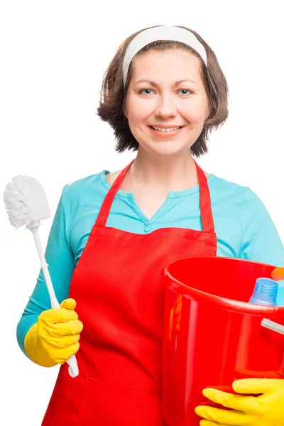 Mooie vrolijke vrouw met een schoonmaakborstel voor toilet vertic — Stockfoto