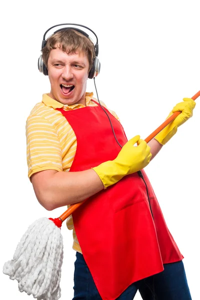 Humorous photo male housewife with a mop on a white background — Stock Photo, Image