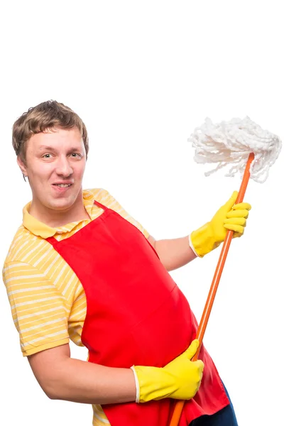 Active young man having fun with a mop on a white background — Stock Photo, Image