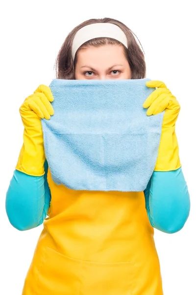 Huisvrouw in schort en geel handschoenen met doek geïsoleerd op een whit — Stockfoto