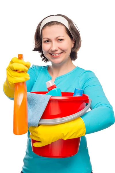 Mooie lachende huisvrouw houden een spray voor het reinigen van de bril — Stockfoto