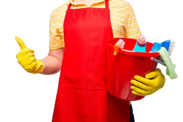 Αρσενικό ιδιοκτήτη, κρατώντας ένα κουβά των προϊόντων καθαρισμού για ένα μόριο — Φωτογραφία Αρχείου