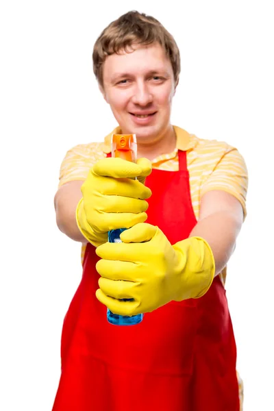 Portrait of a man housewife with spray for washing of glasses on — Stock Photo, Image