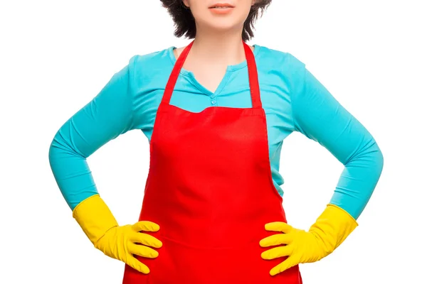Willingness to cleaning house. housewife in red apron and rubber — Stock Photo, Image