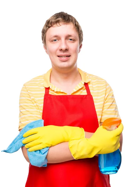 Hombre feliz listo para limpiar la casa, sosteniendo un trapo y spray o — Foto de Stock