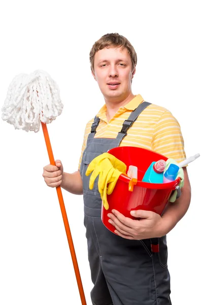 Man dienstknecht huis schoonmaken portret op witte achtergrond — Stockfoto