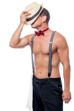 Beyaz arka plan üzerinde iş yerinde kas striptizci