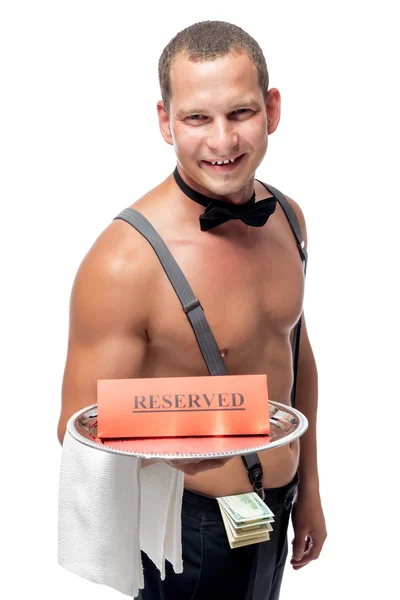 Sexy waiter brings on a tray a reserve — Stock Photo, Image