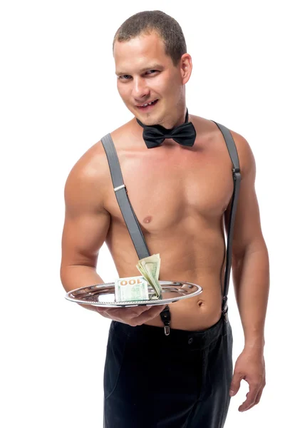 Stripper met een tip op een dienblad geïsoleerd op witte achtergrond — Stockfoto