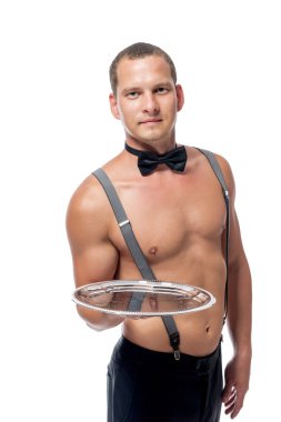 striptizci garson beyaz arka plan üzerinde izole boş tepsisi ile 