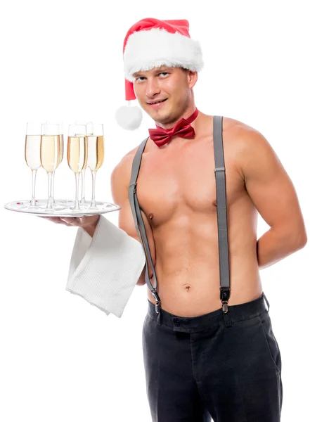 Vertikala porträtt av servitören med champagne på en bricka — Stockfoto
