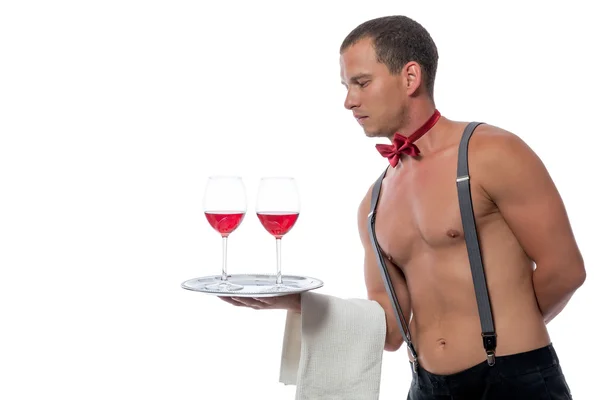 Striptérka s brýlemi vína na bílém pozadí, samostatný — Stock fotografie