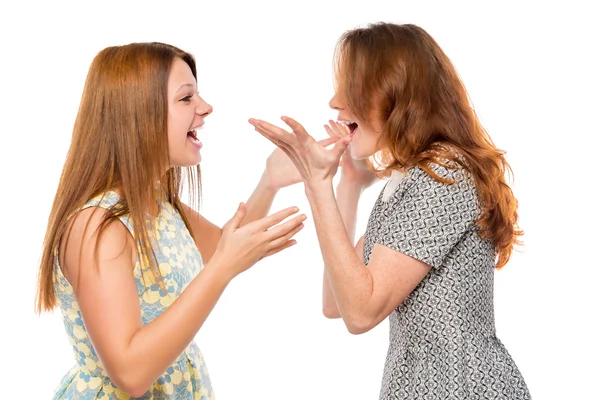 Emotionales Mädchen schreit und streitet auf weißem Hintergrund — Stockfoto
