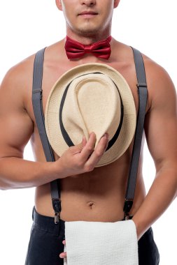 Beyaz arka plan üzerinde poz bir şapka ile seksi striptiz 