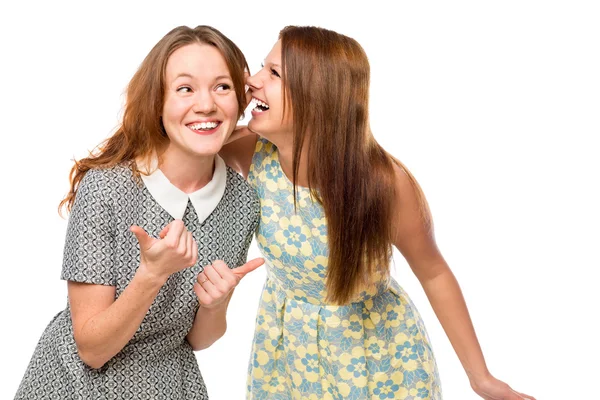 Schöne junge Freundinnen tratschen über weißen Hintergrund — Stockfoto