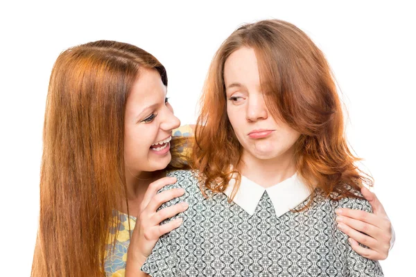 Woman encourages her best friend in grief on a white background — Stock Photo, Image